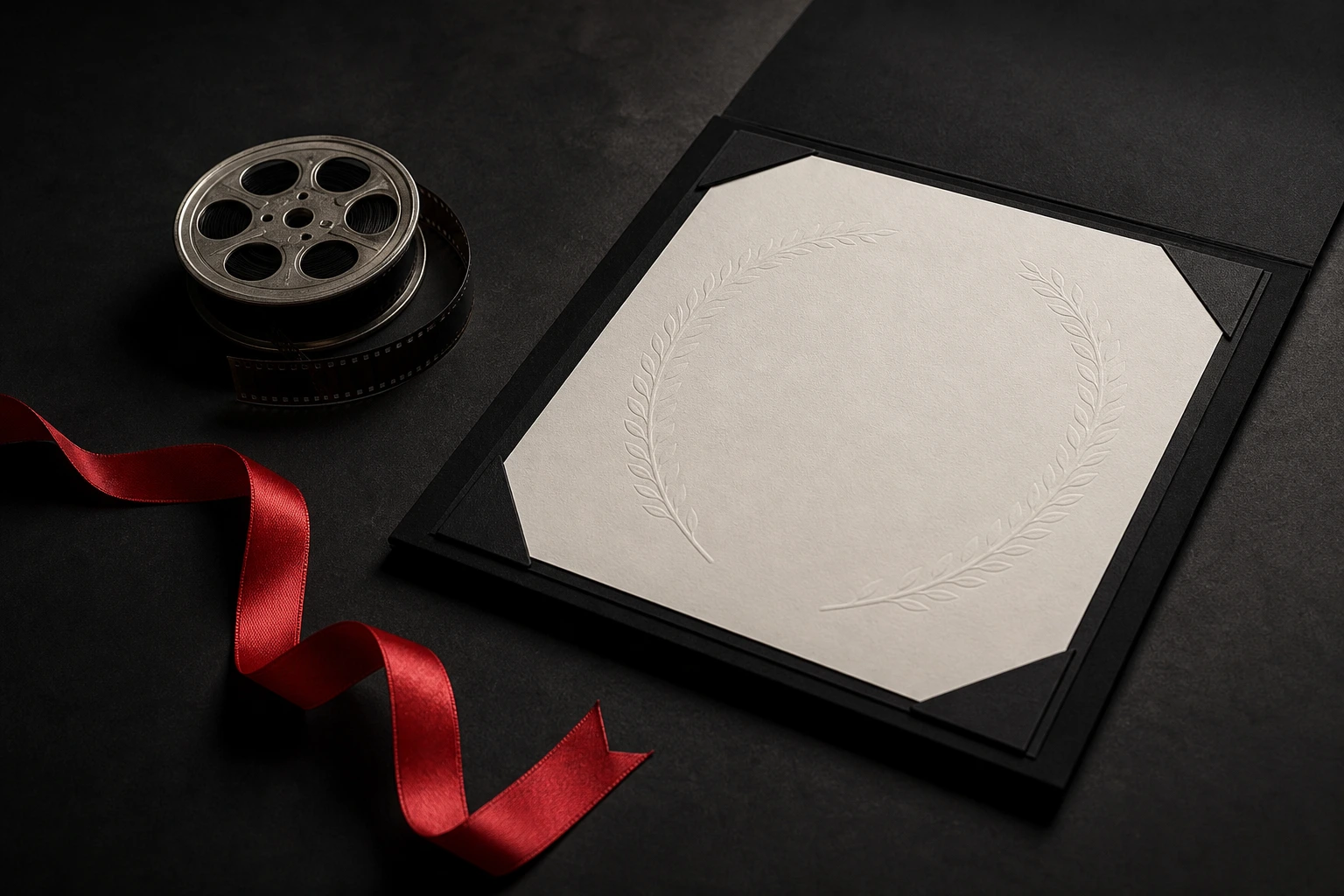 An original editorial still life of blank certificate materials prepared beside a film reel