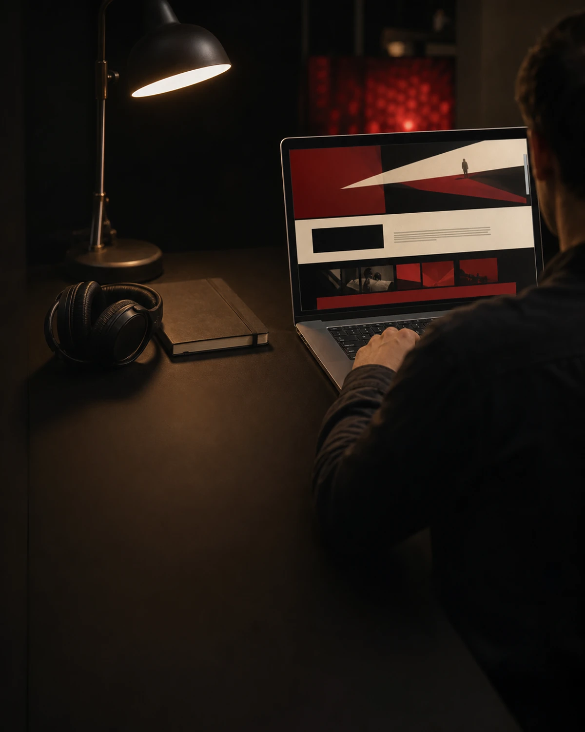 An original editorial image of a film professional viewing an abstract online awards page