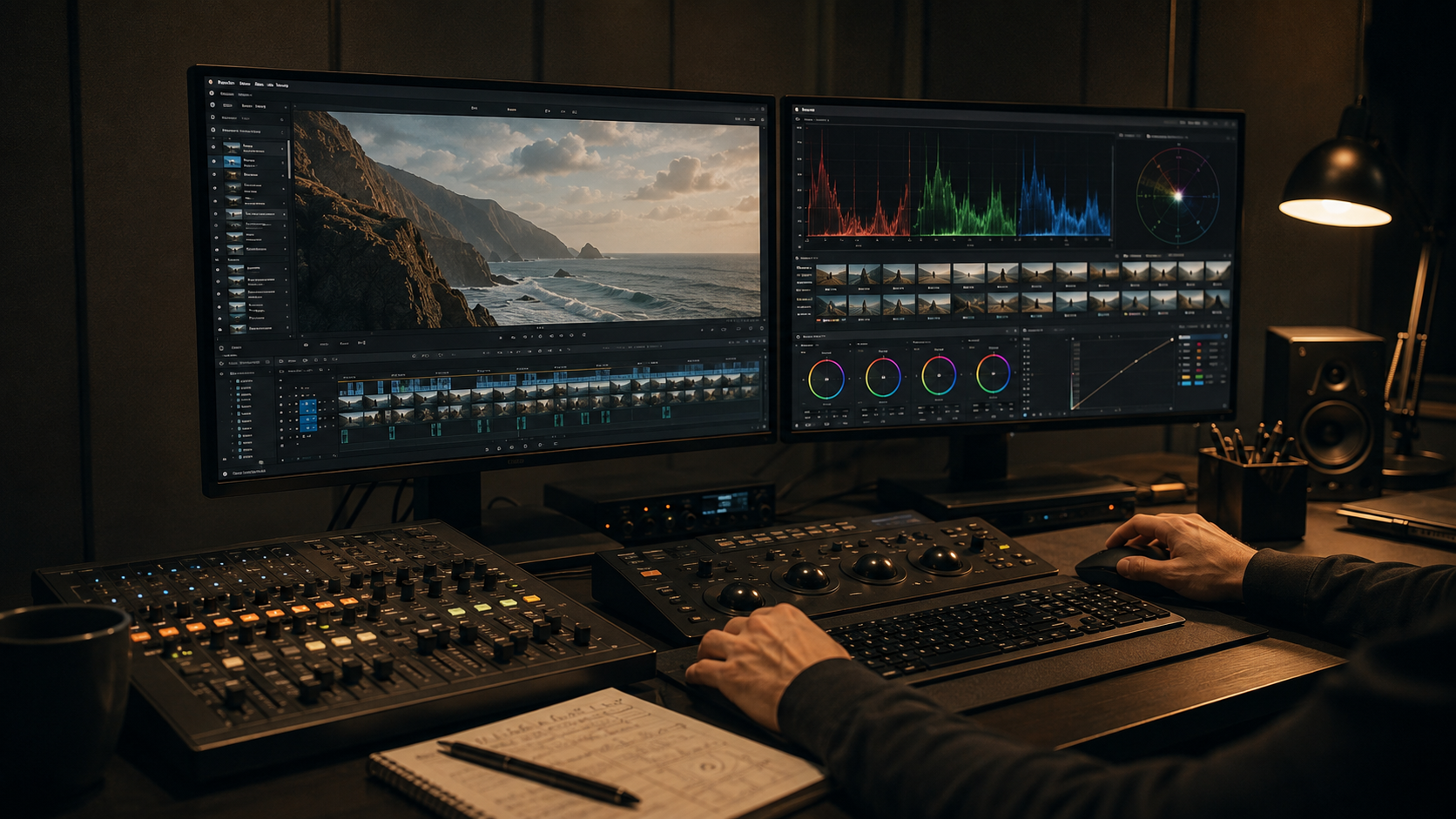 An original editorial view of a filmmaker refining a scene in a professional editing suite